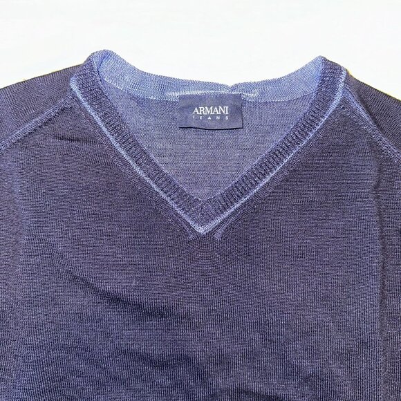 ARMANI Jeans Dark Blue V-Neck Long Sleeve Wool Blend Knit Sweater Men's 3XL - Picture 4 of 8
